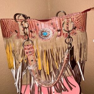 Stylish Fringe Shoulder Bag with Turquoise Detail